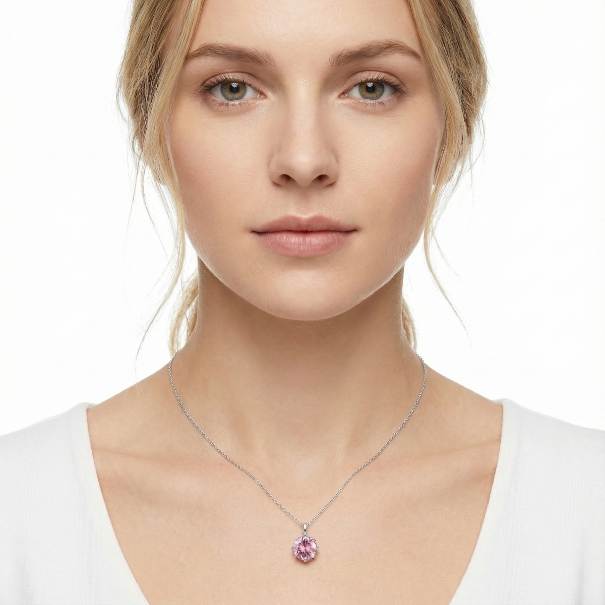【Celestial Rose Trio】Pink Four-Prong Stud Earrings Necklace Ring Band Set Pink Synthetic Moissanite Set Copper Jewelry Set