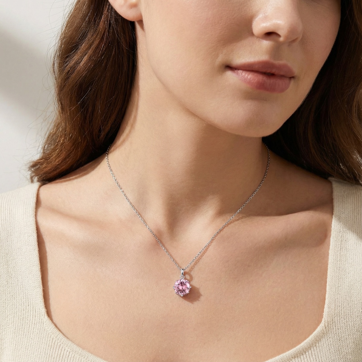 【Celestial Rose Trio】Pink Four-Prong Stud Earrings Necklace Ring Band Set Pink Synthetic Moissanite Set Copper Jewelry Set