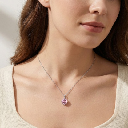 【Celestial Rose Trio】Pink Four-Prong Stud Earrings Necklace Ring Band Set Pink Synthetic Moissanite Set Copper Jewelry Set