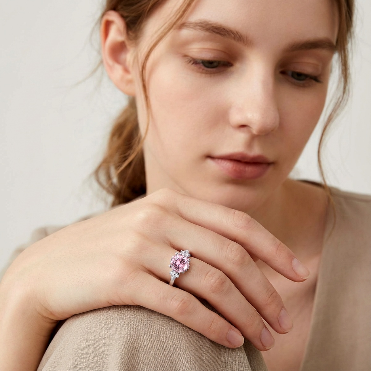 【Celestial Rose Trio】Pink Four-Prong Stud Earrings Necklace Ring Band Set Pink Synthetic Moissanite Set Copper Jewelry Set