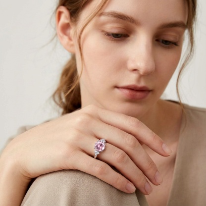 【Celestial Rose Trio】Pink Four-Prong Stud Earrings Necklace Ring Band Set Pink Synthetic Moissanite Set Copper Jewelry Set