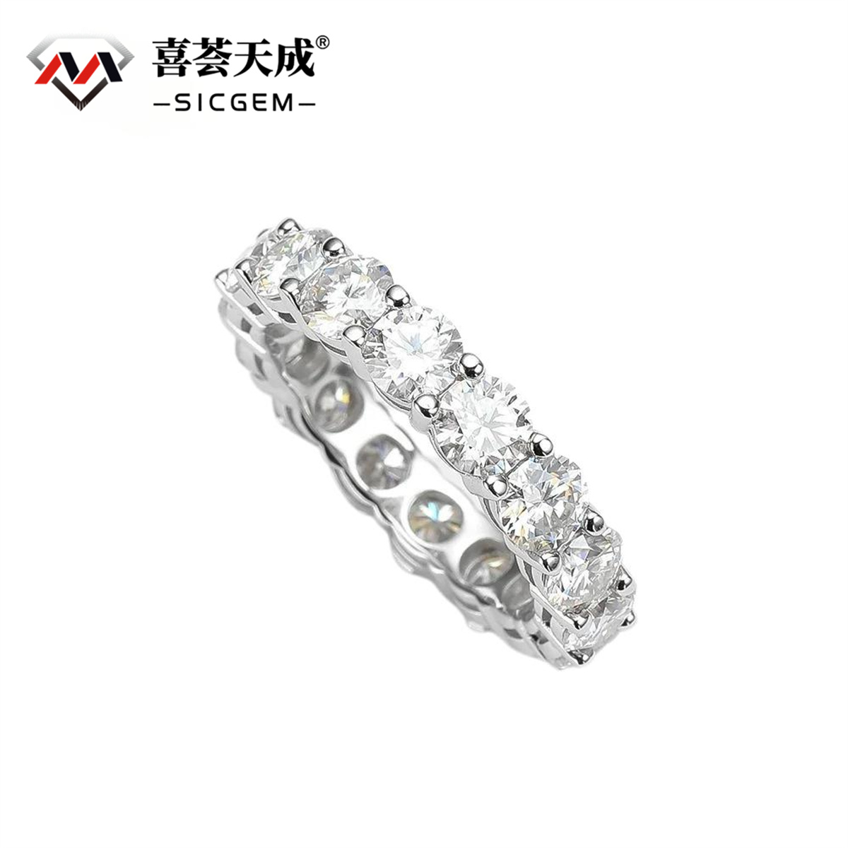 S925 Round VVS Synthetic Moissanite Prong Eternity Wedding Ring Band