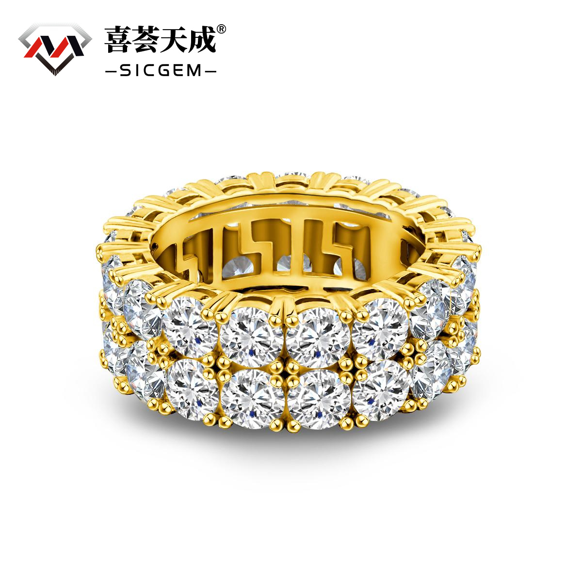 S925 Round VVS Synthetic Moissanite Double Row Eternity Hip Hop Ring