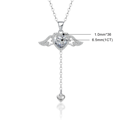 S925 HEART SYNTHETIC MOISSANITE ANGEL WING PENDANT NECKLACE