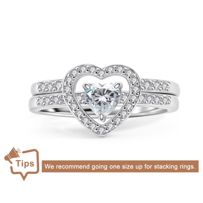 Halo Heart Cut Ring Set Heart Pair Stacking Ring Band D Color VVS Synthetic Moissanite Ring Jewelry Copper Band Wedding Band Engagement Ring Set Promise Ring Women's Ring for Engagement, Wedding Anniversary & Valentine's Day Gifts