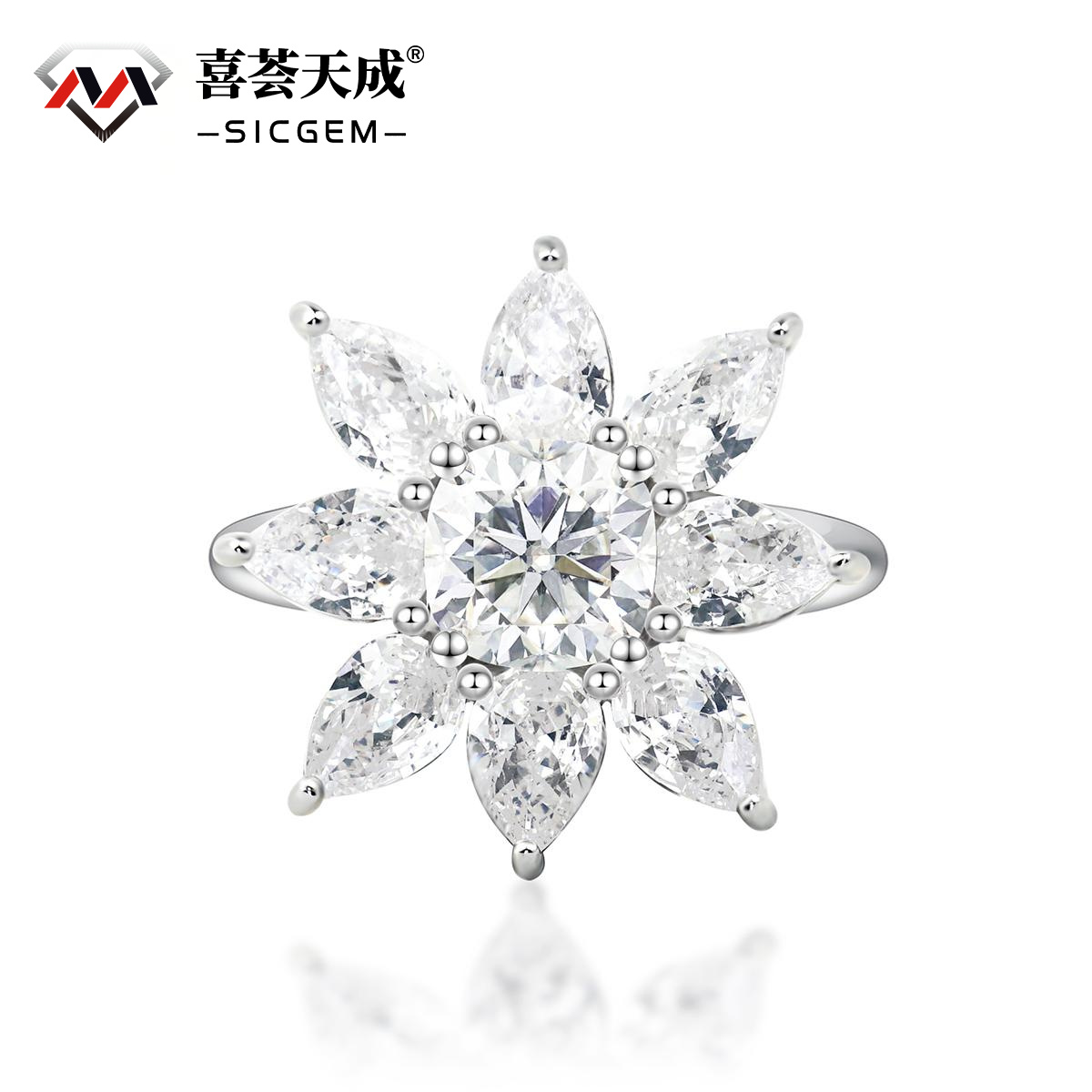 2ct Cushion Synthetic Moissanite Flower Ring In 925 Sterling Silver