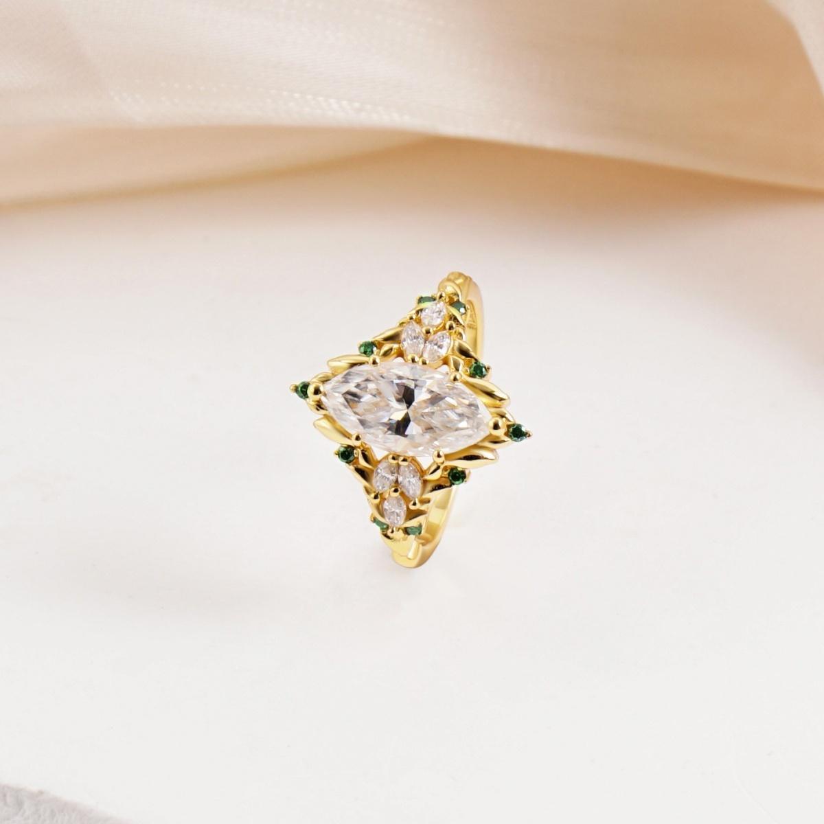 Delzzad 2.2ct Vintage Marquise Cut Leaf Cluster Engagement Ring Band VVS Synthetic Moissanite Ring Jewelry S925 Dainty Ring Band Flower Wedding Ring Perfect Birthday Engagement Wedding Anniversary Christmas Gift