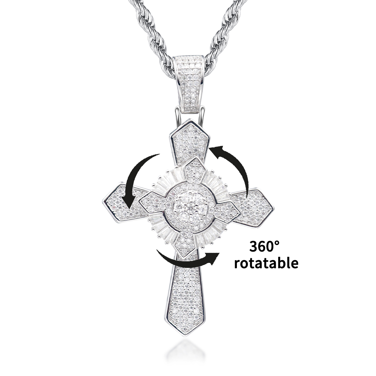 S925 Synthetic Moissanite Brillant Iced Out Rotatable Cross Pendant Necklace Birthday Anniversary Gift