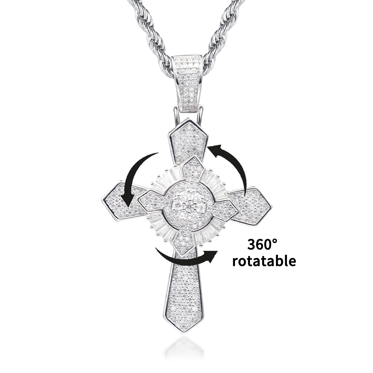 S925 Synthetic Moissanite Brillant Iced Out Rotatable Cross Pendant Necklace Birthday Anniversary Gift