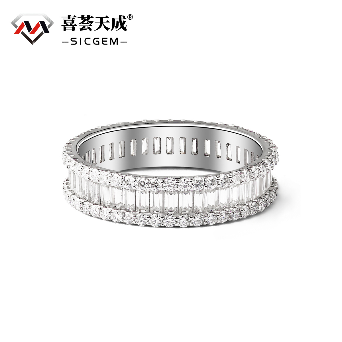 Baguette Round Cut Eternity Ring Band VVS D Color Synthetic Moissanite S925 Unisex Ring