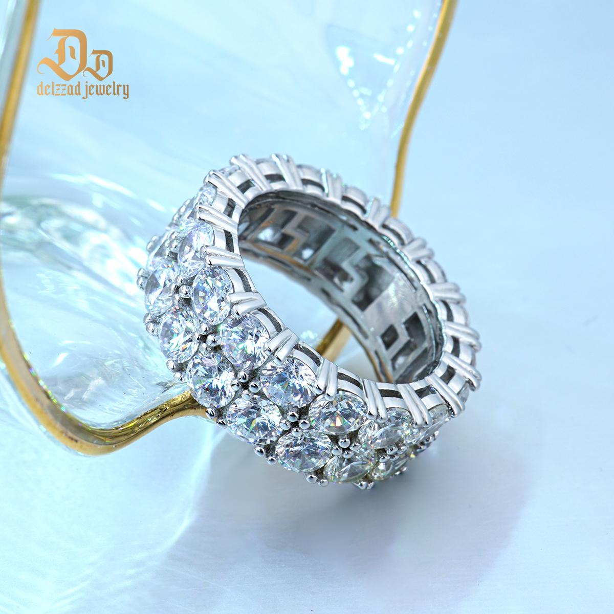 Delzzad S925 Round VVS Synthetic Moissanite Double Row Eternity Hip Hop Ring Sweetie St Valentine's Day Gifts for Men Women