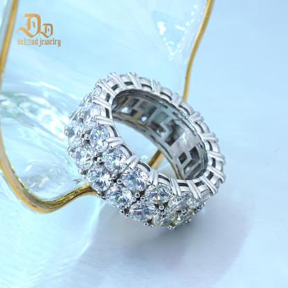 Delzzad S925 Round VVS Synthetic Moissanite Double Row Eternity Hip Hop Ring Sweetie St Valentine's Day Gifts for Men Women