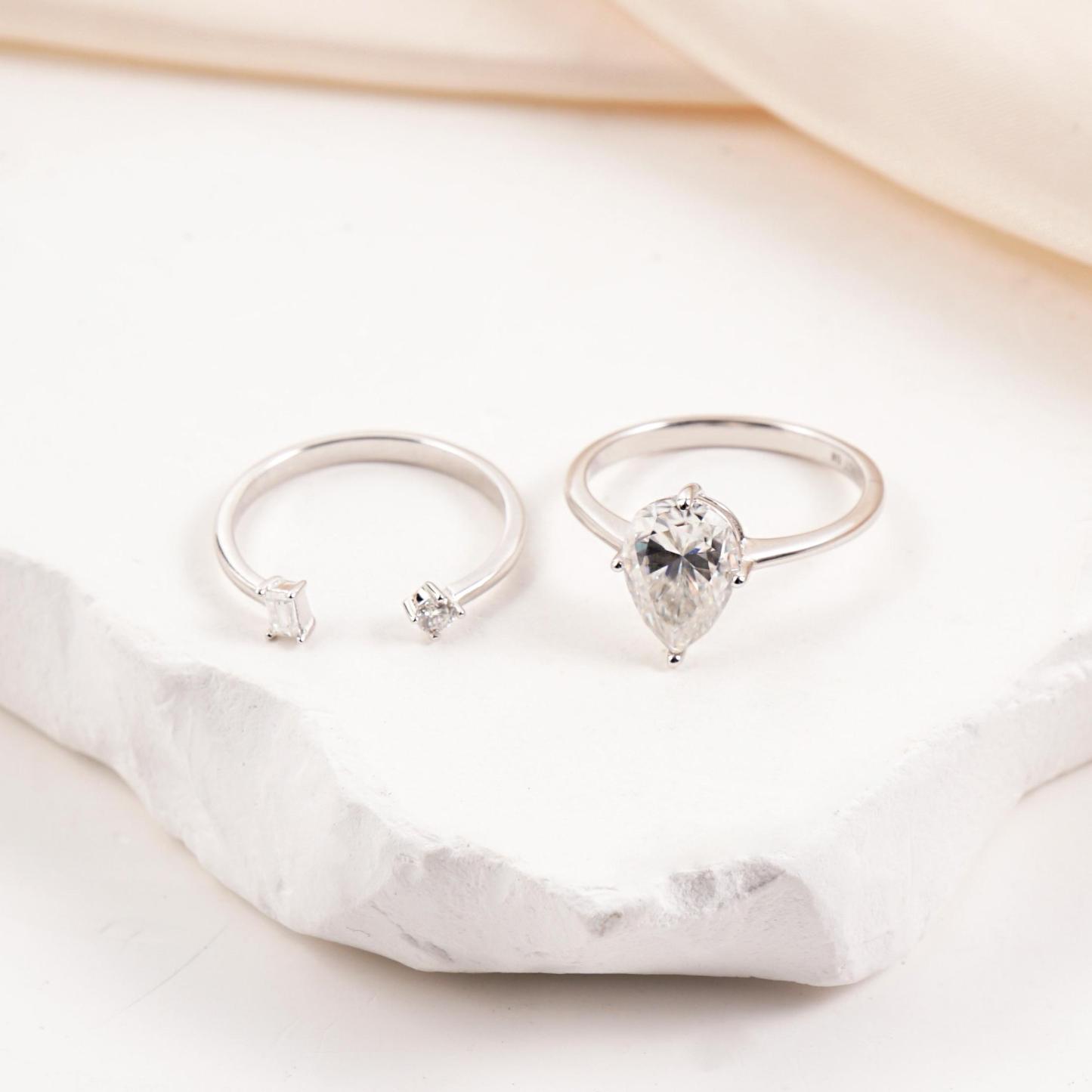 Pear Ring Band Open Stacking Ring Synthetic Moissanite Ring Jewelry S925