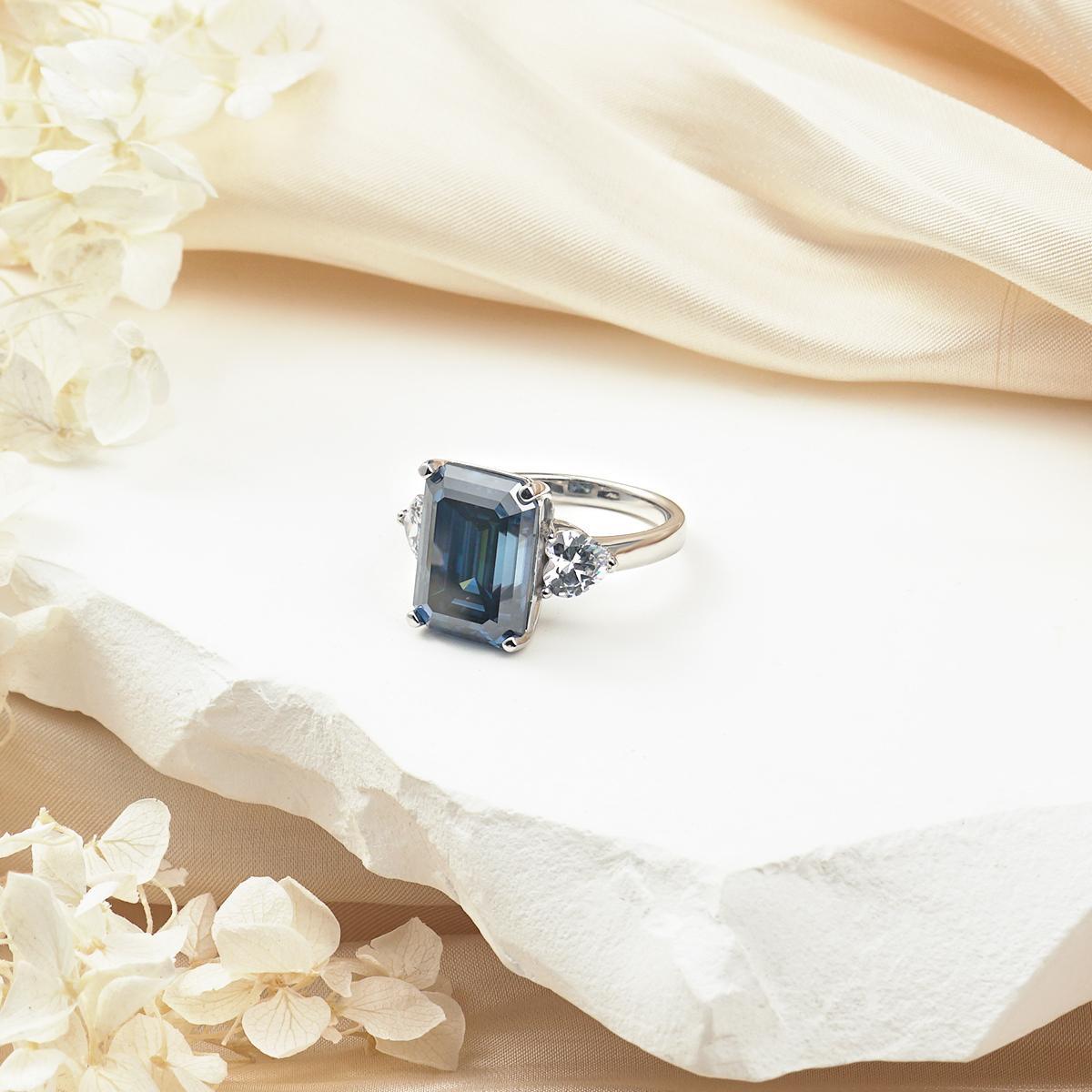 10ct Octagon Synthetic Moissanite Three Stones Ring In 925 Sterling Silver