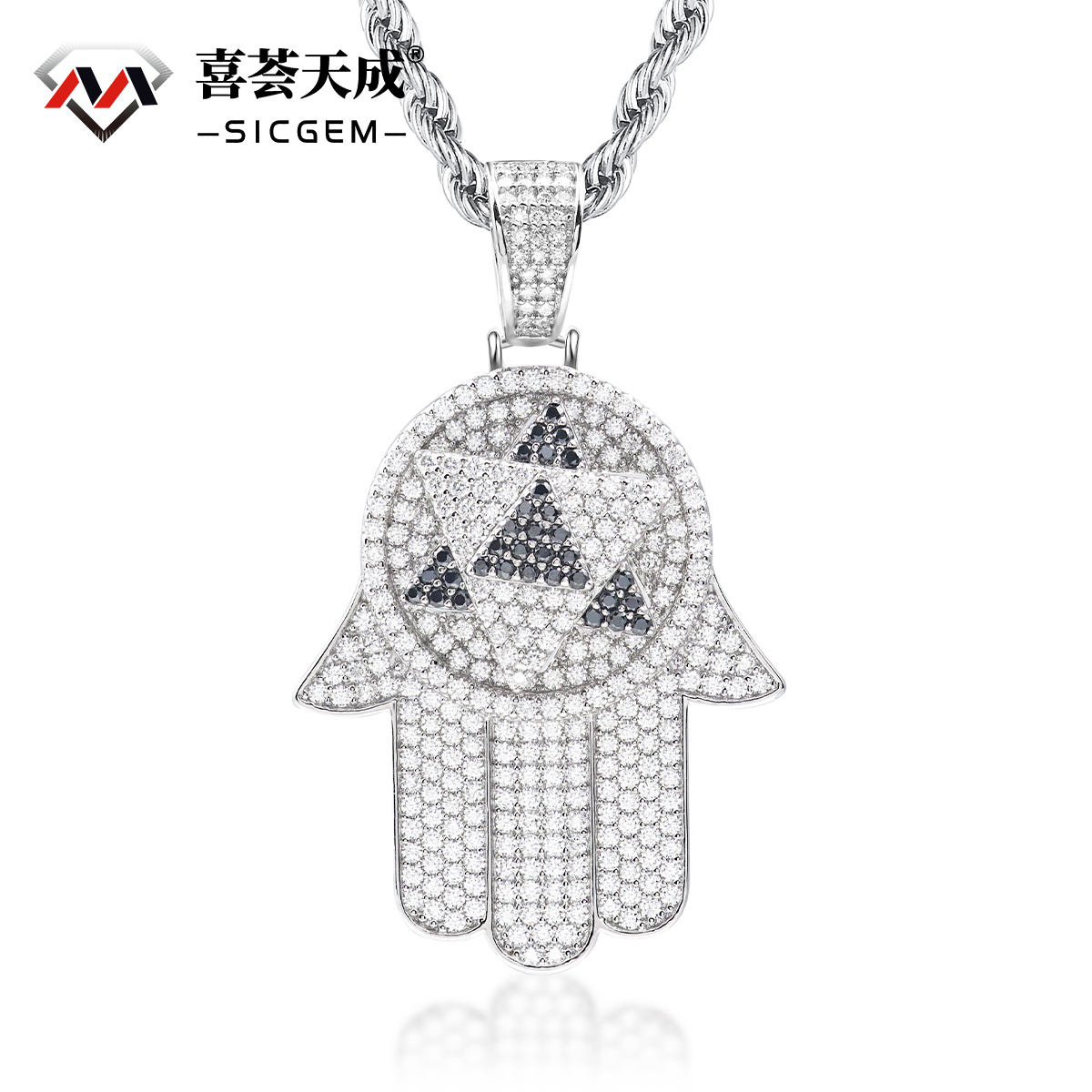 S925 2ct VVS Synthetic Moissanite Rotatable Bling Hand Charm Palm Pendant Necklace Anniversary Gift