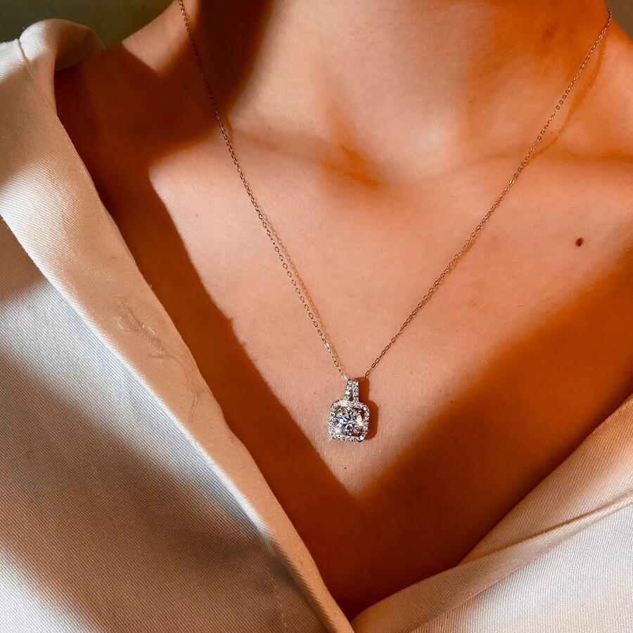 S925 SYNTHETIC MOISSANITE SQUARE HALO ETERNITY NECKLACE PENDANT