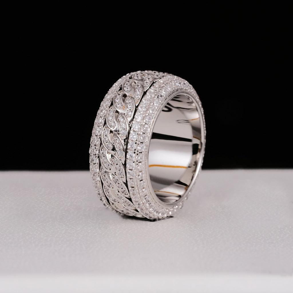 S925 Round VVS Synthetic Moissanite Rotatable Layered Iced Cuban Ring