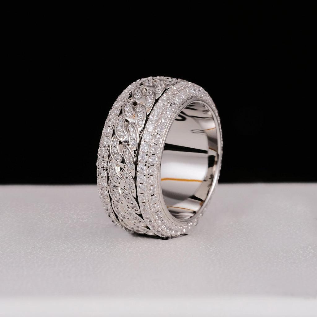 S925 Round VVS Synthetic Moissanite Rotatable Layered Iced Cuban Ring