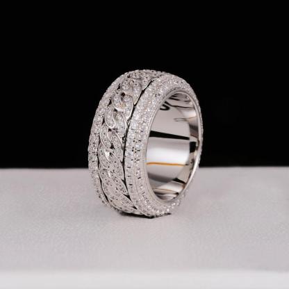 S925 Round VVS Synthetic Moissanite Rotatable Layered Iced Cuban Ring