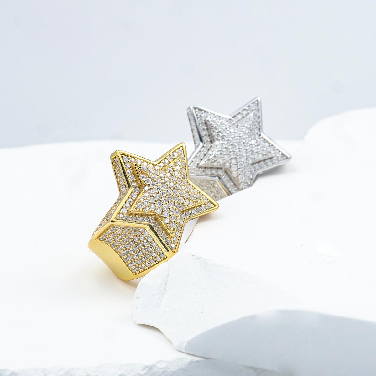 Bling Pentagram Ring Round VVS Synthetic Moissanite S925 Unisex Hip Hop Iced Out Stars Ring Band Perfect for Any Occasion & Everyday Wear Birthday Anniversary Mother's Day Gifts for Men Women
