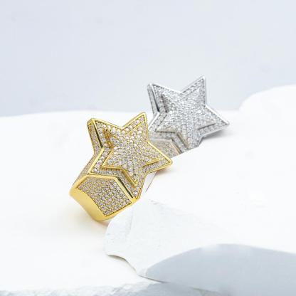 Bling Pentagram Ring Round VVS Synthetic Moissanite S925 Unisex Hip Hop Iced Out Stars Ring Band Perfect for Any Occasion & Everyday Wear Birthday Anniversary Mother's Day Gifts for Men Women