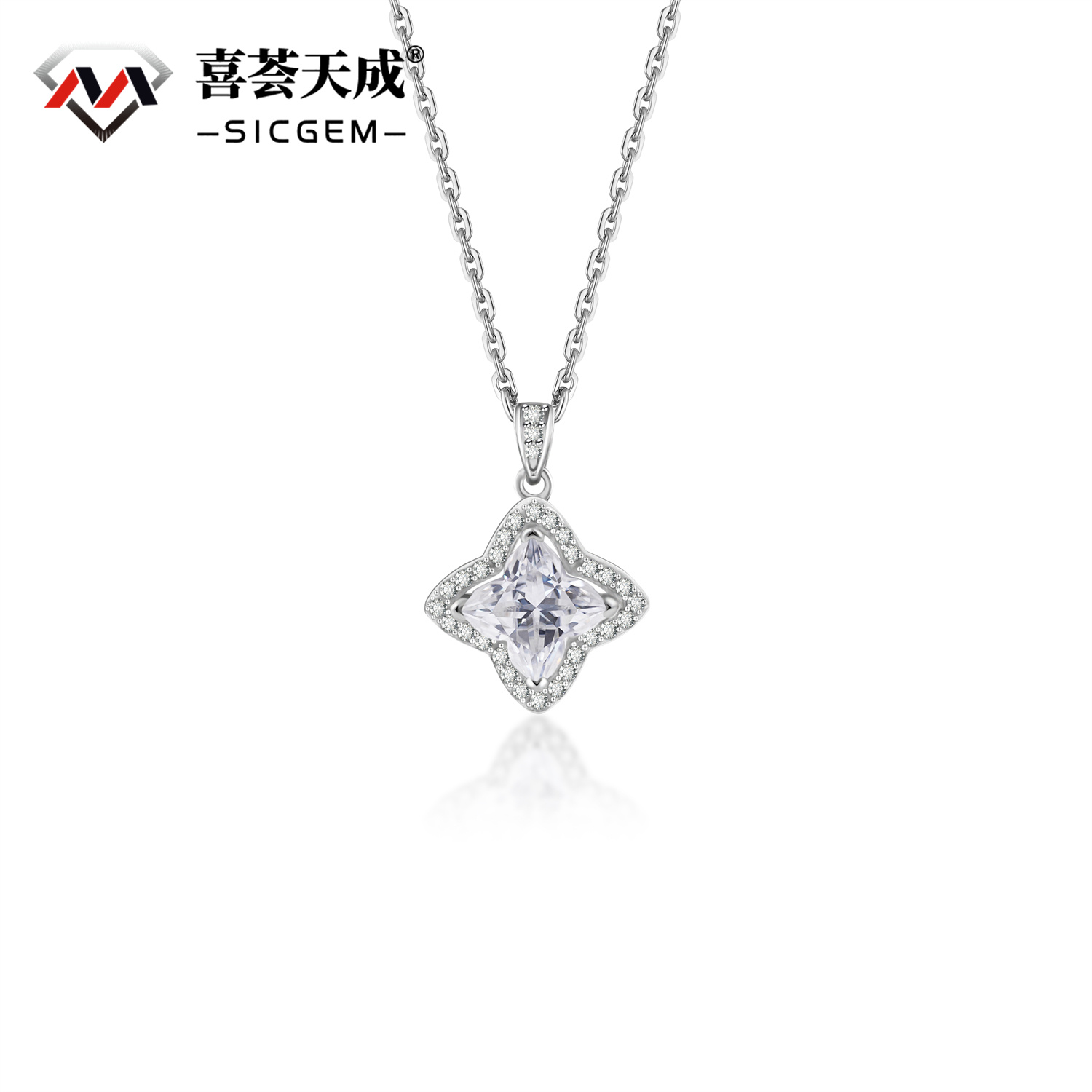 Delzzad S925 1.1ct Brilliant Iced-Out Four-Leaf Clover Pendant Necklace Lab-Created Moissanite Necklace