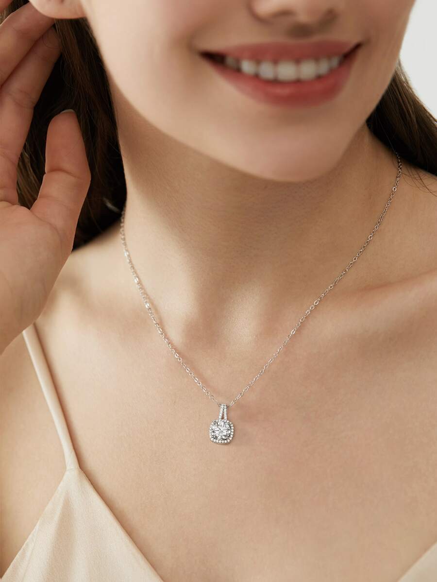S925 SYNTHETIC MOISSANITE SQUARE HALO ETERNITY NECKLACE PENDANT