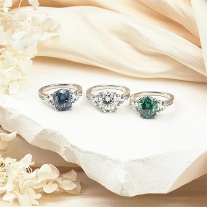 5ct Oval Synthetic Moissanite Three Stones Ring In 925 Sterling Silver