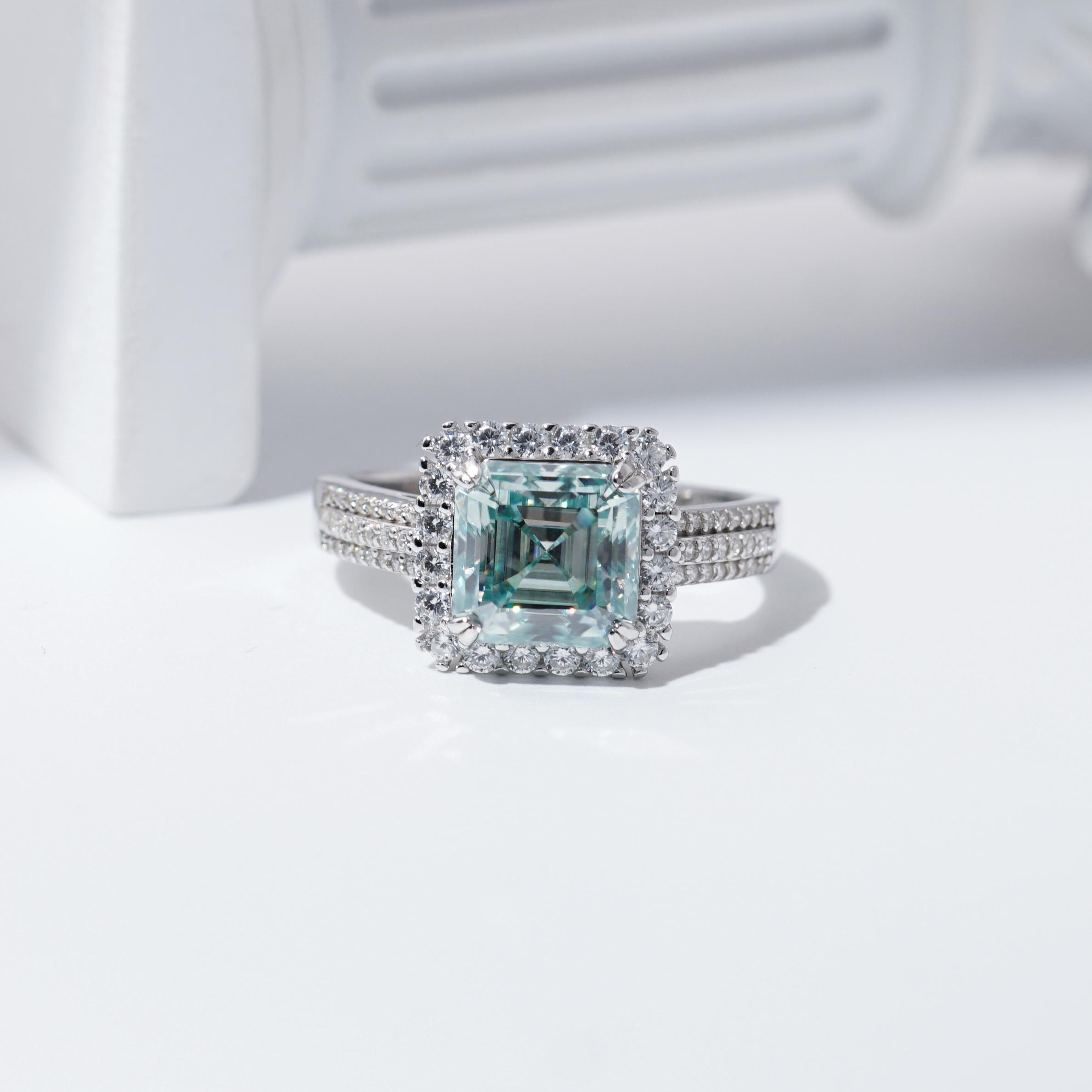 2.5ct Paraiba Asscher Synthetic Moissanite Halo Ring S925 Ring Band Jewelry Perfect Birthday Engagement Wedding Anniversary Gift