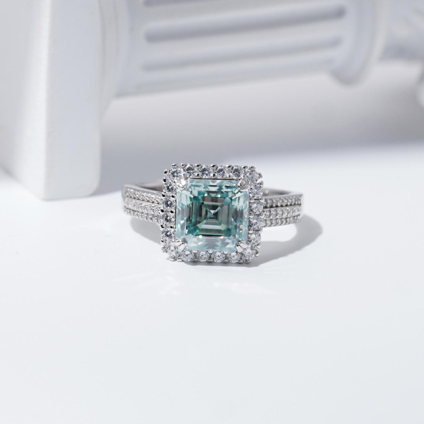 2.5ct Paraiba Asscher Synthetic Moissanite Halo Ring S925 Ring Band Jewelry Perfect Birthday Engagement Wedding Anniversary Gift