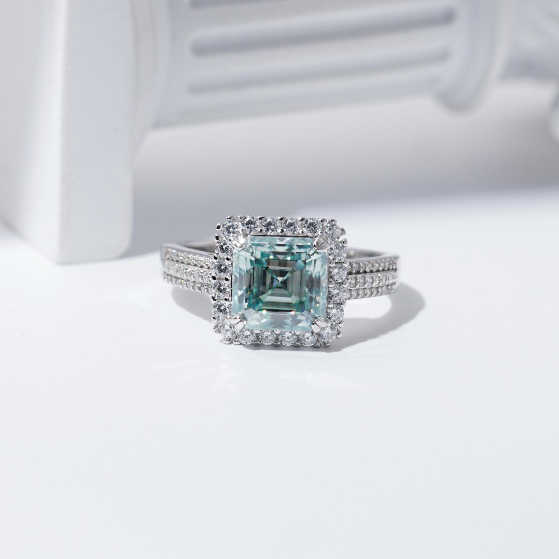 2.5ct Paraiba Asscher Synthetic Moissanite Halo Ring S925 Ring Band Jewelry Perfect Birthday Engagement Wedding Anniversary Gift