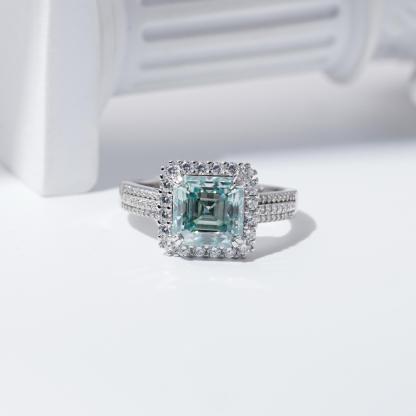 2.5ct Paraiba Asscher Synthetic Moissanite Halo Ring S925 Ring Band Jewelry Perfect Birthday Engagement Wedding Anniversary Gift