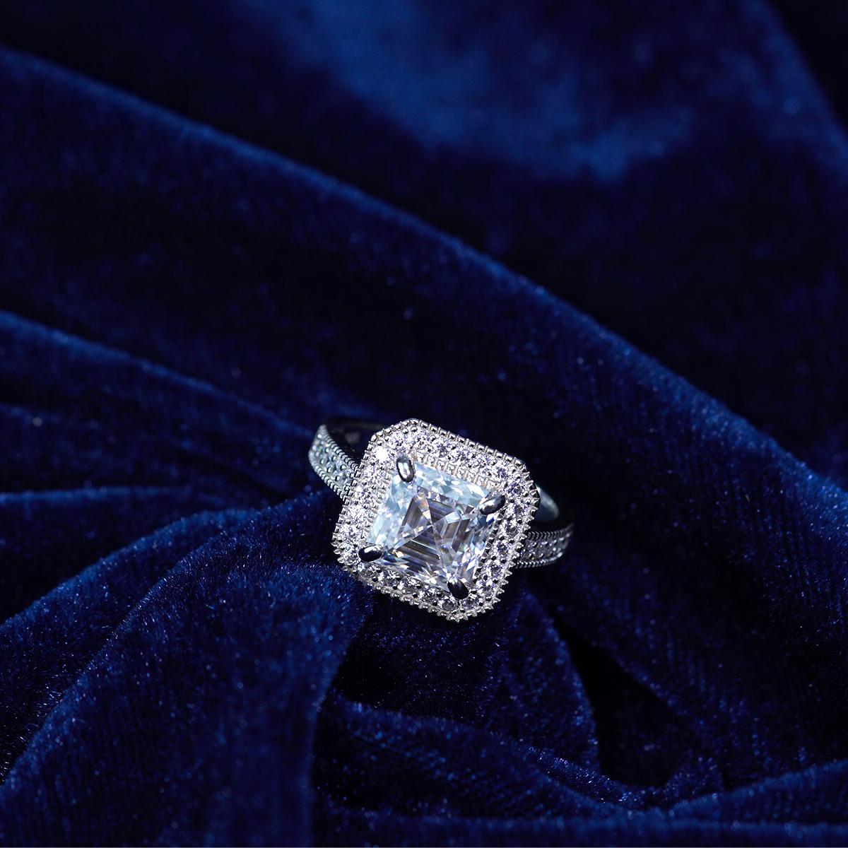 3ct Square Synthetic Moissanite Asscher Cut Halo Ring In 925 Sterling Silver