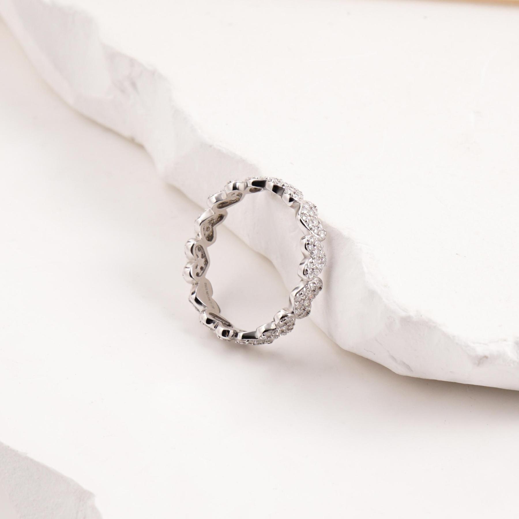 Delzzad Heart Eternity Band Ring Synthetic Moissanite Ring Jewelry S925 Perfect Birthday Engagement Wedding Anniversary Christmas Gift