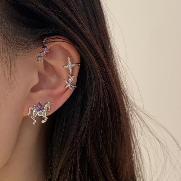 S925 Synthetic Moissanite Shooting Star Unicorn Clip Earrings