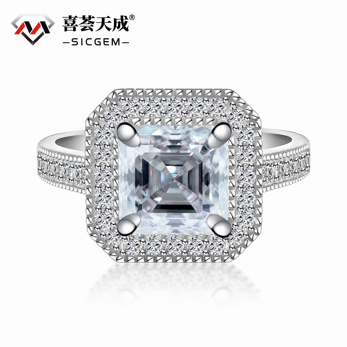 3ct Square Synthetic Moissanite Asscher Cut Halo Ring In 925 Sterling Silver