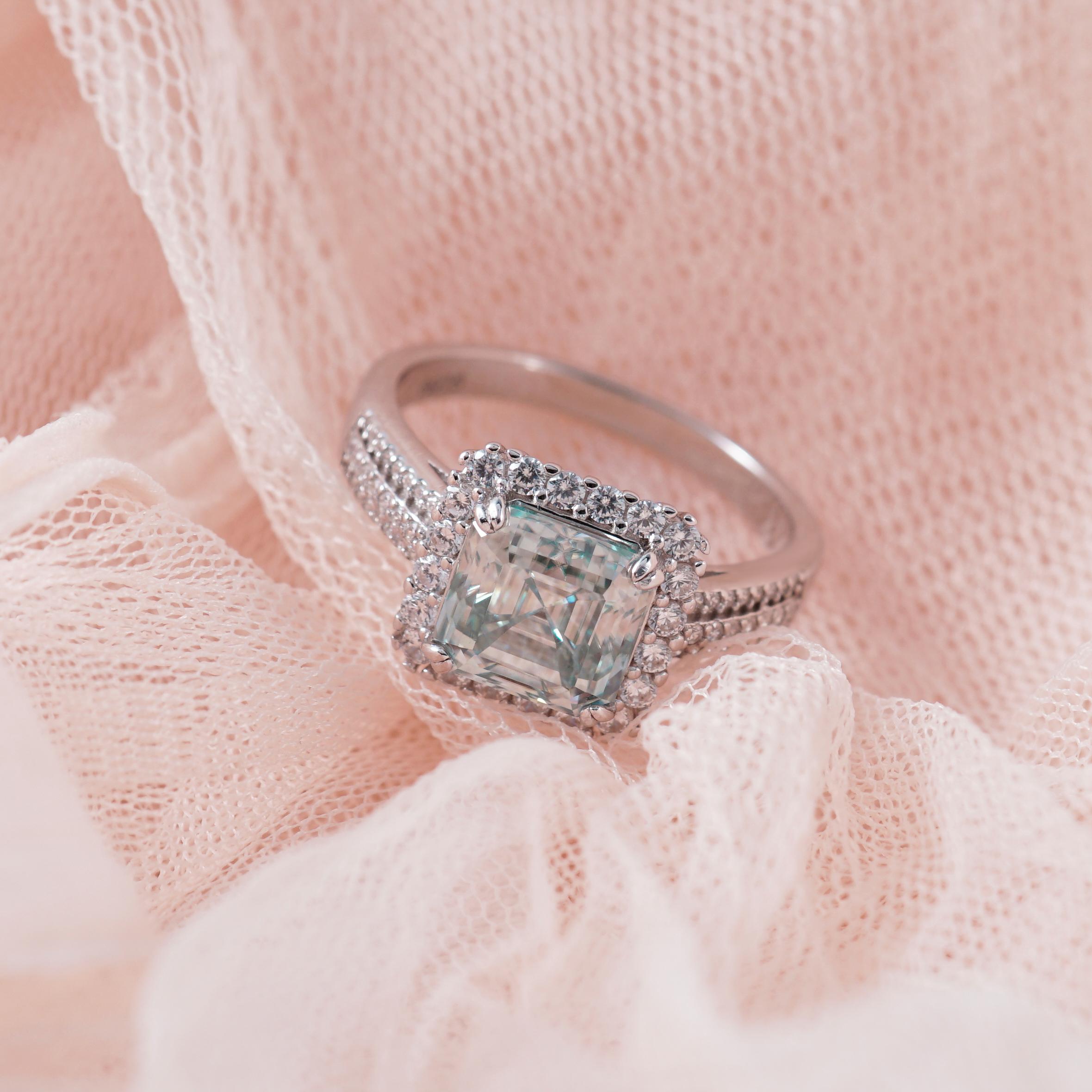 2.5ct Paraiba Asscher Synthetic Moissanite Halo Ring S925 Ring Band Jewelry Perfect Birthday Engagement Wedding Anniversary Gift