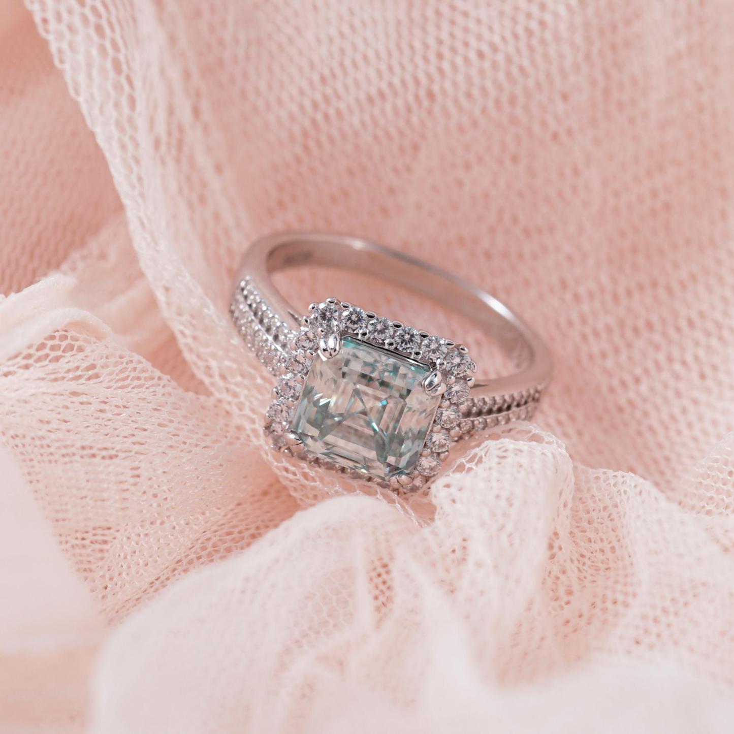2.5ct Paraiba Asscher Synthetic Moissanite Halo Ring S925 Ring Band Jewelry Perfect Birthday Engagement Wedding Anniversary Gift