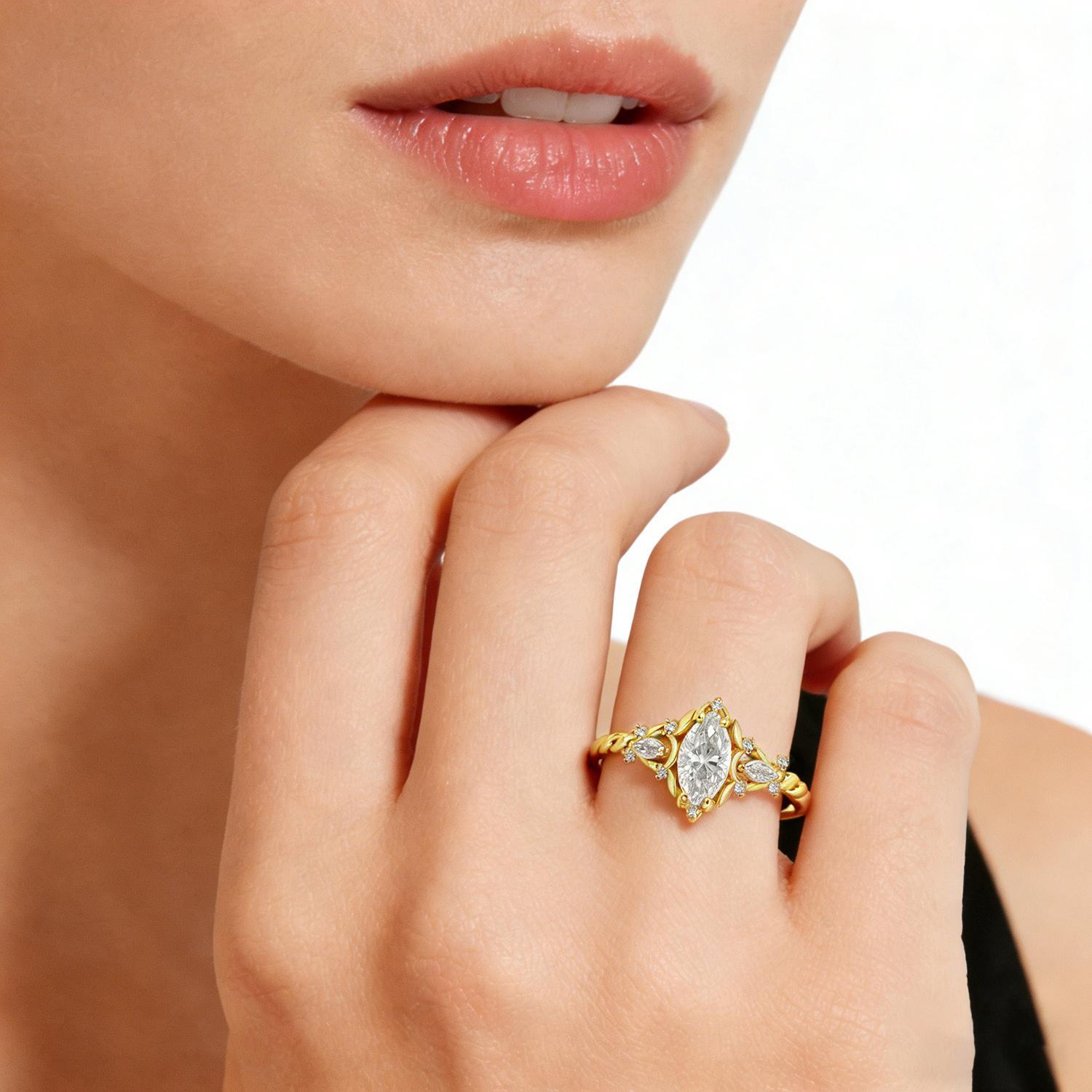 14k Gold-Plated 1ct Vintage Marquise Cut Engagement Ring Synthetic Moissanite Ring Jewelry S925