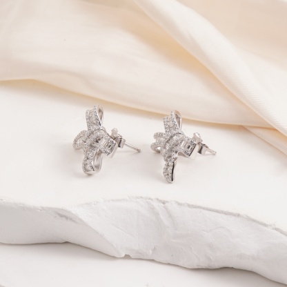 Delzzad Bow Stud Earrings Bow-knot Earrings Synthetic Moissanite S925 Stud Earrings Jewelry Perfect Birthday Mother��s Day Christmas Gift Wedding Set