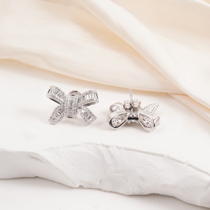 Delzzad Bow Stud Earrings Bow-knot Earrings Synthetic Moissanite S925 Stud Earrings Jewelry Perfect Birthday Mother��s Day Christmas Gift Wedding Set
