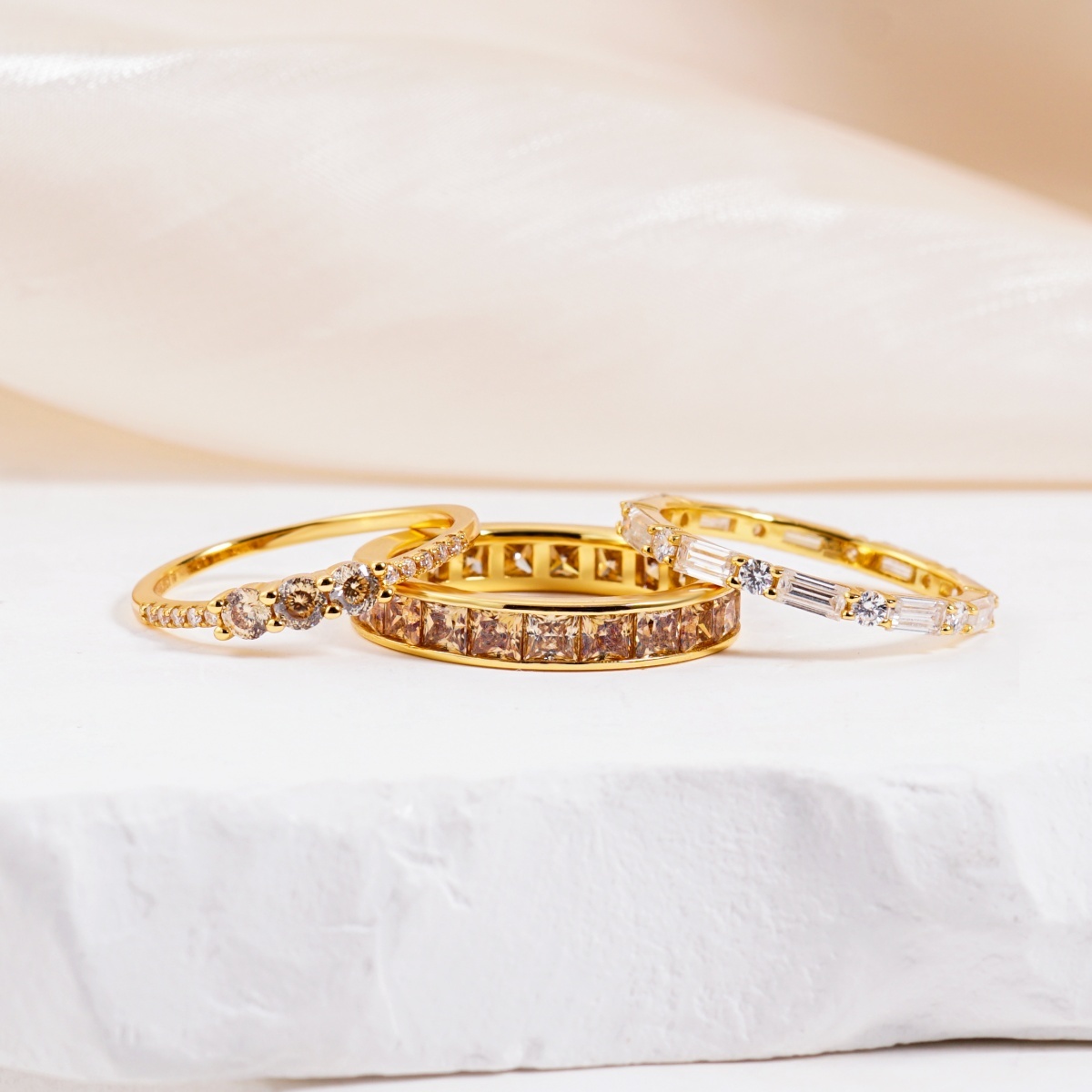 Eternal Trinity Harmony Set Vintage Ring Band Champagne Stacking Ring Synthetic Moissanite Ring Jewelry S925