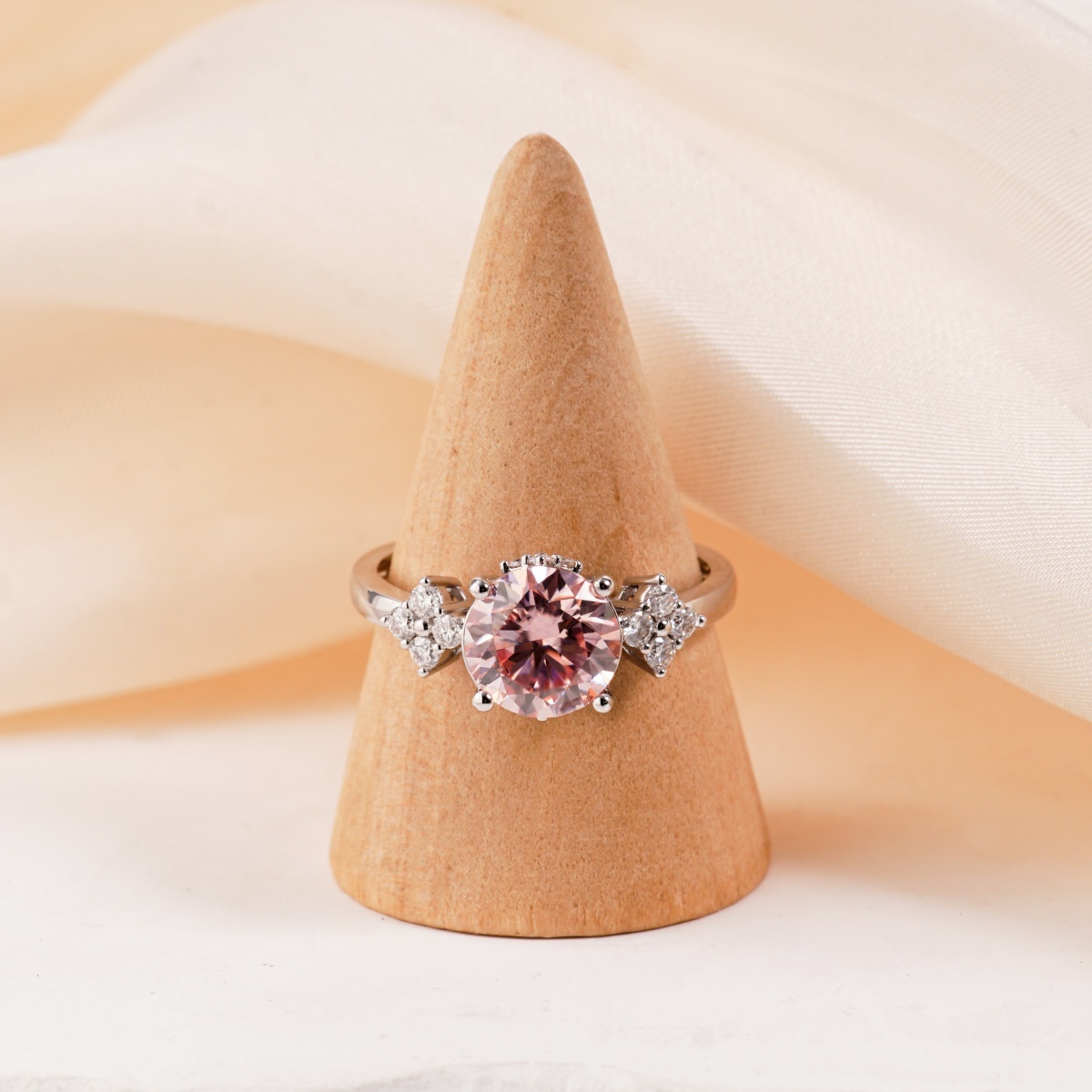 【Celestial Rose Trio】Pink Four-Prong Stud Earrings Necklace Ring Band Set Pink Synthetic Moissanite Set Copper Jewelry Set