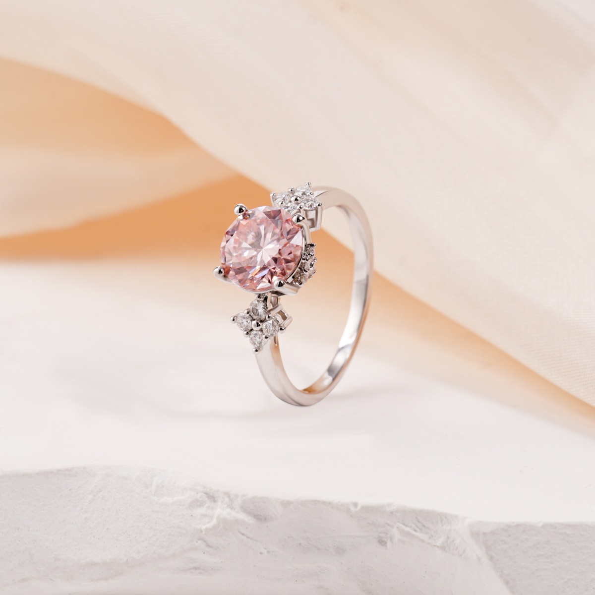 【Celestial Rose Trio】Pink Four-Prong Stud Earrings Necklace Ring Band Set Pink Synthetic Moissanite Set Copper Jewelry Set