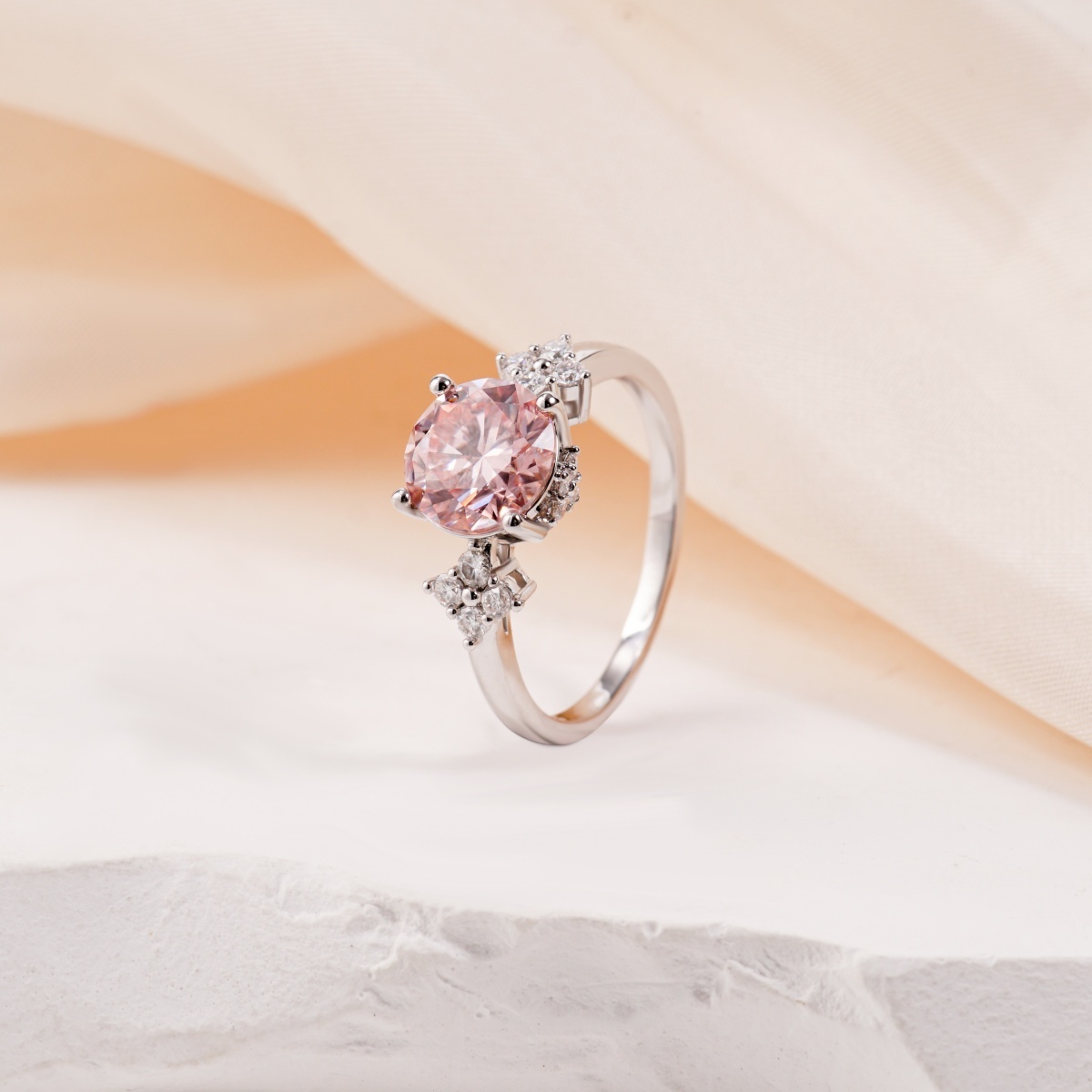 【Celestial Rose Trio】Pink Four-Prong Stud Earrings Necklace Ring Band Set Pink Synthetic Moissanite Set Copper Jewelry Set