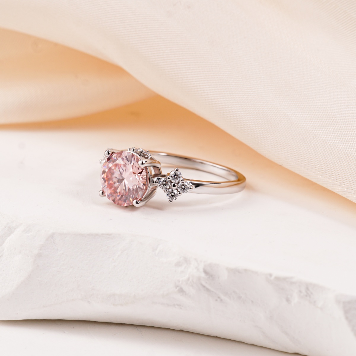 【Celestial Rose Trio】Pink Four-Prong Stud Earrings Necklace Ring Band Set Pink Synthetic Moissanite Set Copper Jewelry Set