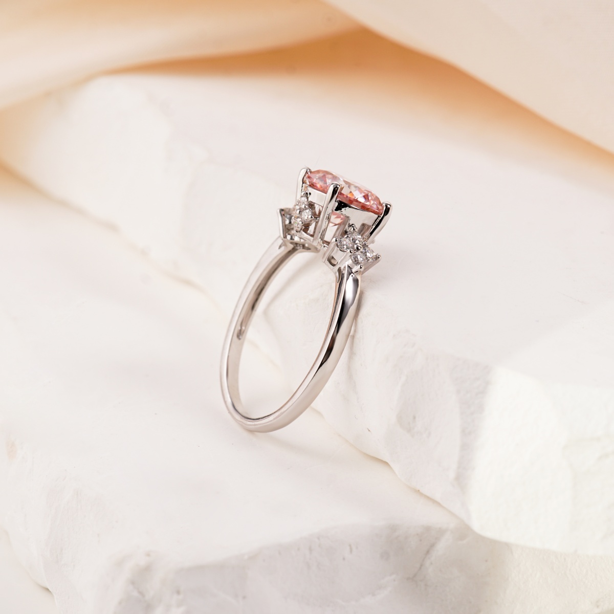 【Celestial Rose Trio】Pink Four-Prong Stud Earrings Necklace Ring Band Set Pink Synthetic Moissanite Set Copper Jewelry Set