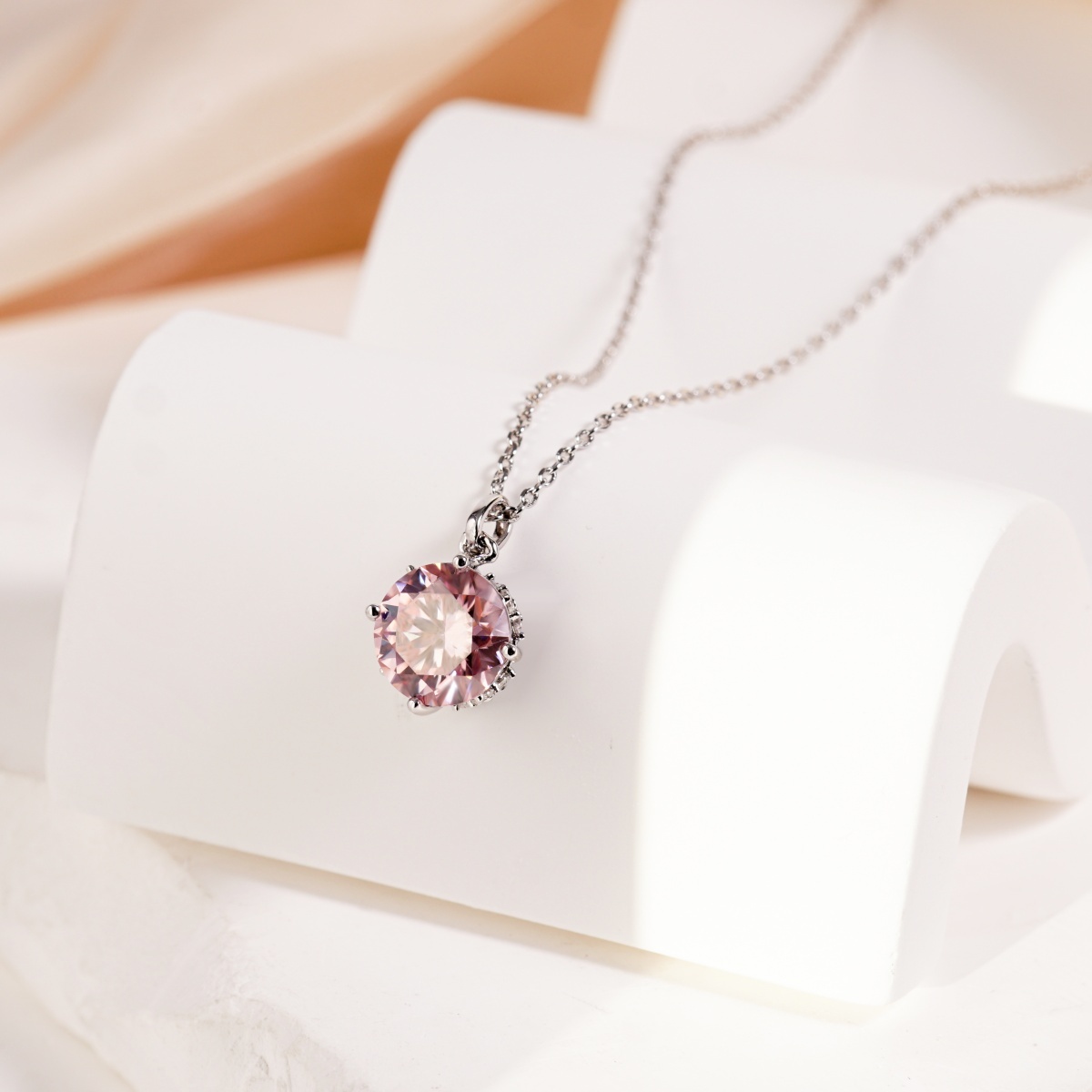 【Celestial Rose Trio】Pink Four-Prong Stud Earrings Necklace Ring Band Set Pink Synthetic Moissanite Set Copper Jewelry Set