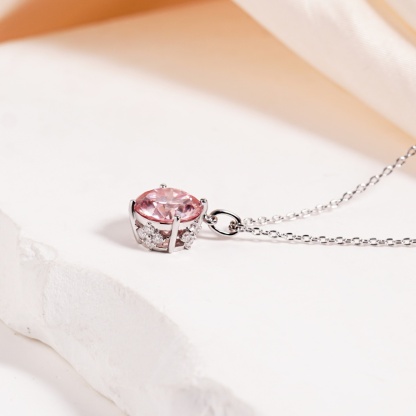 【Celestial Rose Trio】Pink Four-Prong Stud Earrings Necklace Ring Band Set Pink Synthetic Moissanite Set Copper Jewelry Set