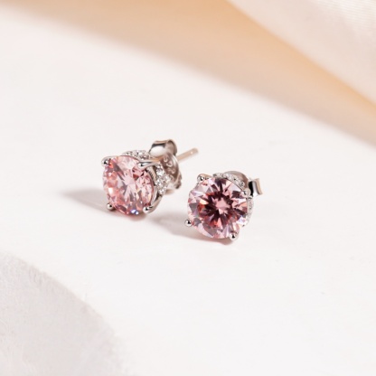 【Celestial Rose Trio】Pink Four-Prong Stud Earrings Necklace Ring Band Set Pink Synthetic Moissanite Set Copper Jewelry Set